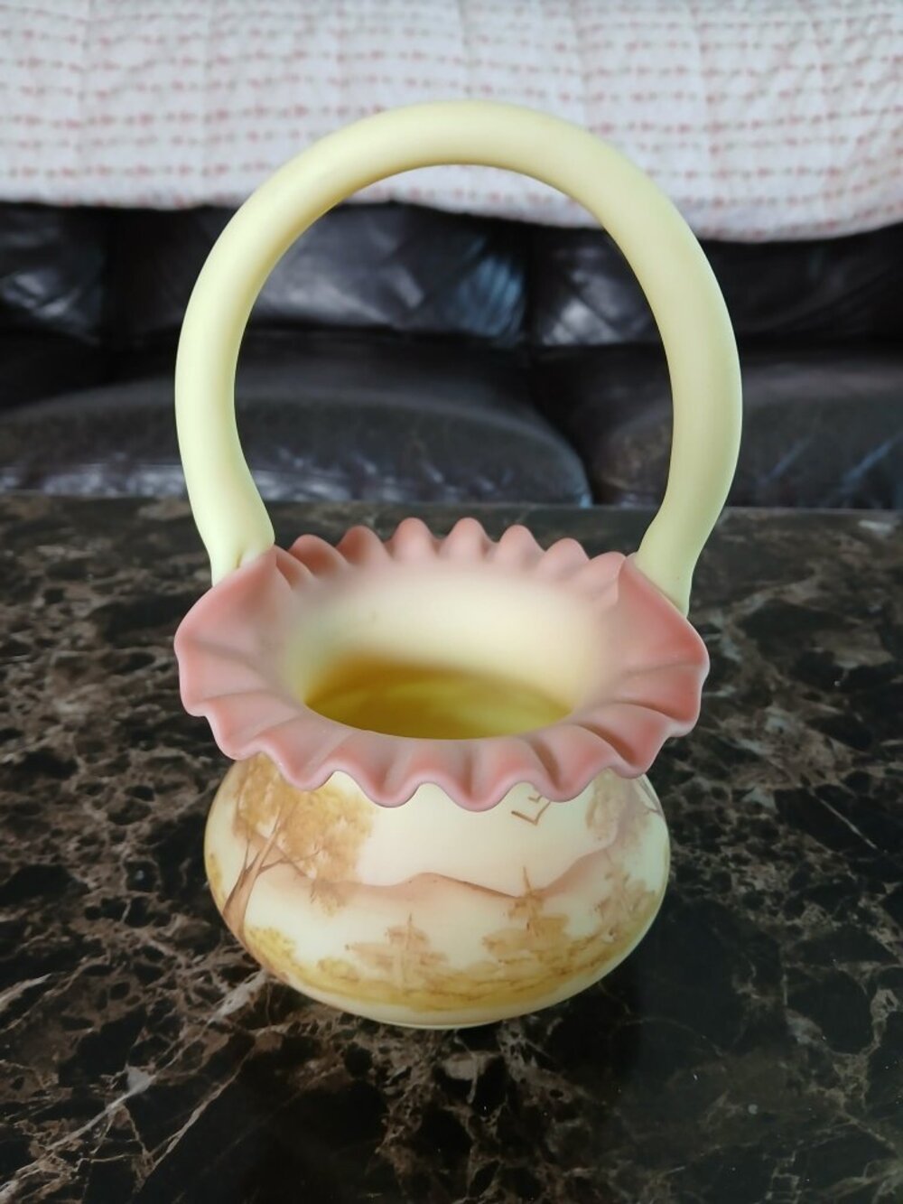 Fenton Hand Painted Small Burmese Basket Custard Pink ruffle Glows Damaged